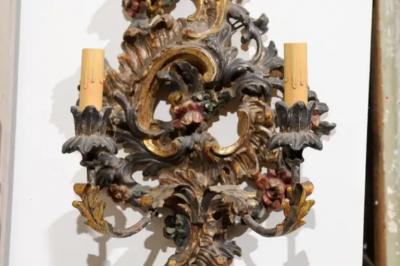 Pair of Italian Rococo Style Late 19th Century Carved and Painted Sconces