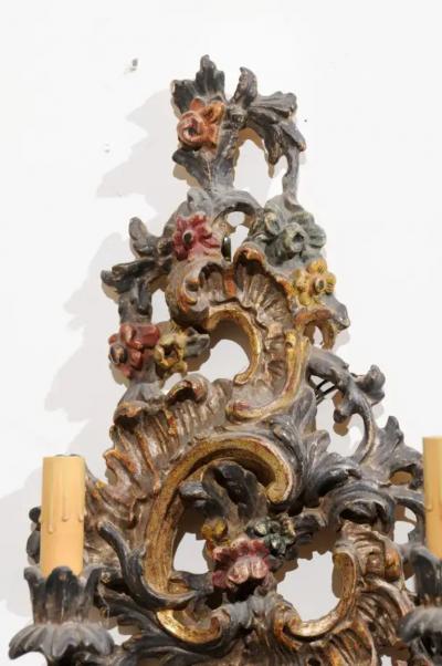 Pair of Italian Rococo Style Late 19th Century Carved and Painted Sconces