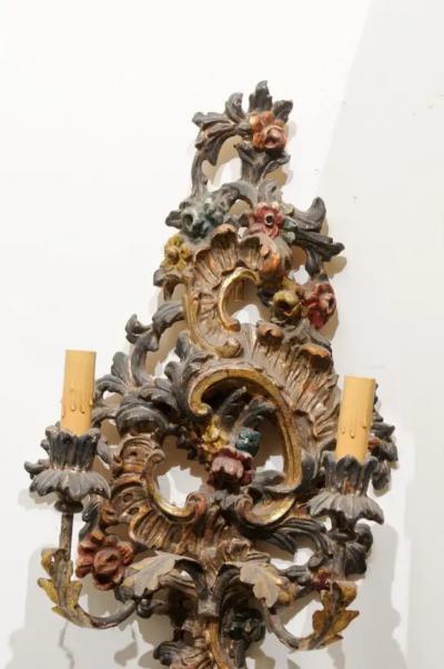 Pair of Italian Rococo Style Late 19th Century Carved and Painted Sconces
