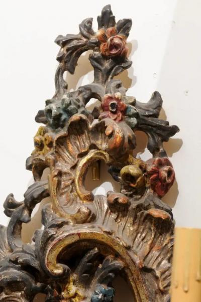 Pair of Italian Rococo Style Late 19th Century Carved and Painted Sconces
