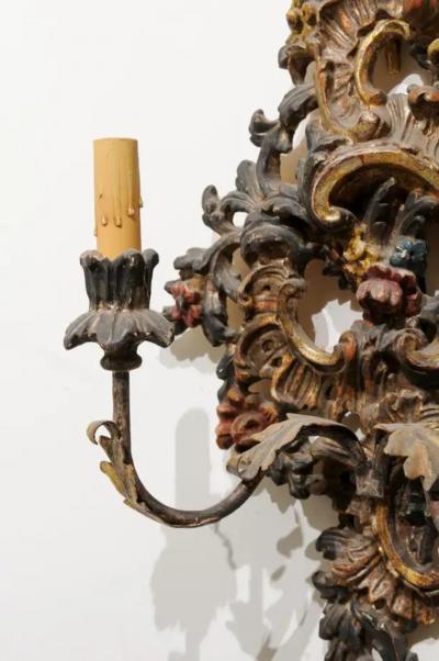 Pair of Italian Rococo Style Late 19th Century Carved and Painted Sconces