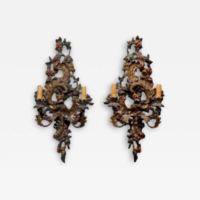 Pair of Italian Rococo Style Late 19th Century Carved and Painted Sconces