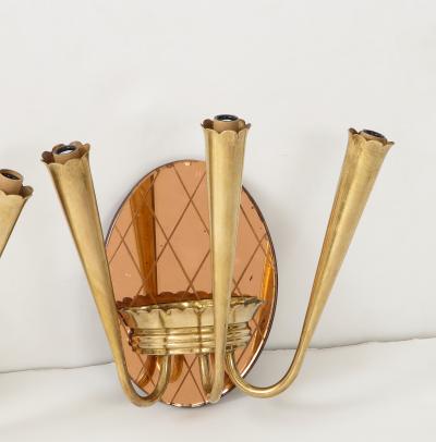 Pair of Italian Rose Gold Glass and Brass Wall Sconces circa 1930s