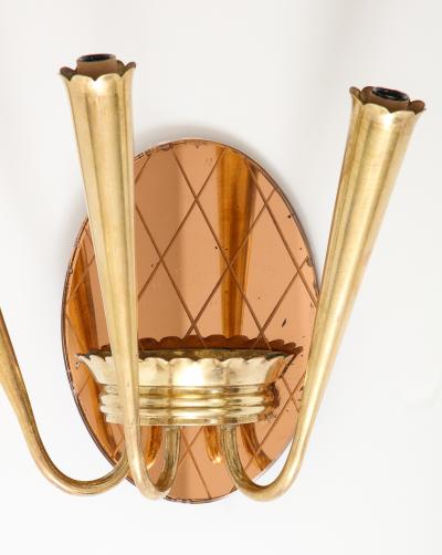 Pair of Italian Rose Gold Glass and Brass Wall Sconces circa 1930s