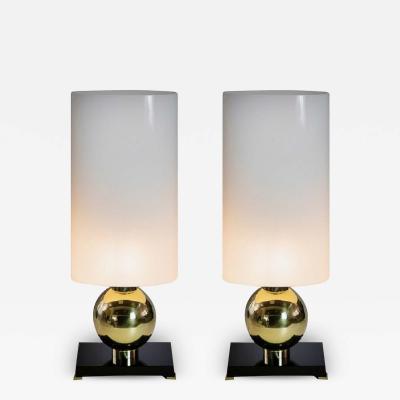 Pair of Italian Table Lamps in Brass Murano Glass Base And Shades