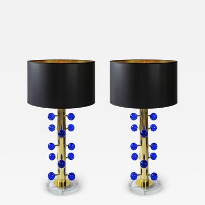 Pair of Italian Table Lamps in Brass and Blue Murano Glass