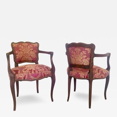 Pair of Italian Upholstered Crest Back Walnut Armchairs