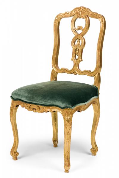 Pair of Italian Venetian 19th Century Giltwood and Green Velvet Side Chairs
