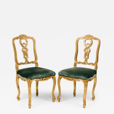 Pair of Italian Venetian 19th Century Giltwood and Green Velvet Side Chairs
