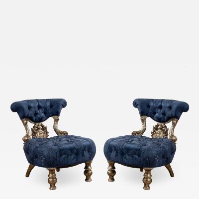 Pair of Italian Venetian Blue Tufted Chairs
