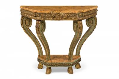 Pair of Italian Venetian Faux Marble Topped Scroll Form Carved Console Tables