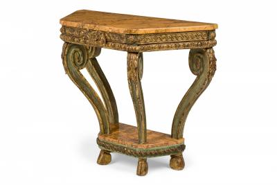 Pair of Italian Venetian Faux Marble Topped Scroll Form Carved Console Tables