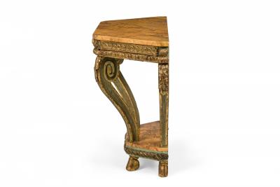 Pair of Italian Venetian Faux Marble Topped Scroll Form Carved Console Tables