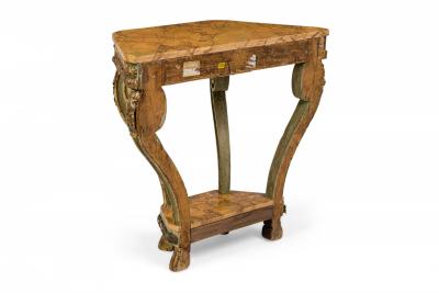 Pair of Italian Venetian Faux Marble Topped Scroll Form Carved Console Tables