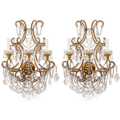 Pair of Italian Venetian Style Crystal and Metal Scroll Arm Sconces