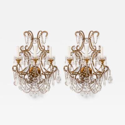 Pair of Italian Venetian Style Crystal and Metal Scroll Arm Sconces