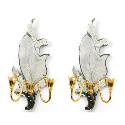 Pair of Italian Venetian Style Murano Mirrored Leaf Wall Sconces