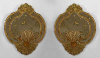 Pair of Italian Venetian wall mirrors with eglomise decoration and Shell lights