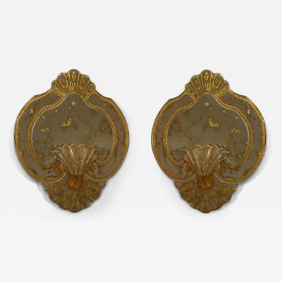 Pair of Italian Venetian wall mirrors with eglomise decoration and Shell lights