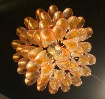 Pair of Italian Vintage Murano Chandelier with Amber Glass Petals 1970s