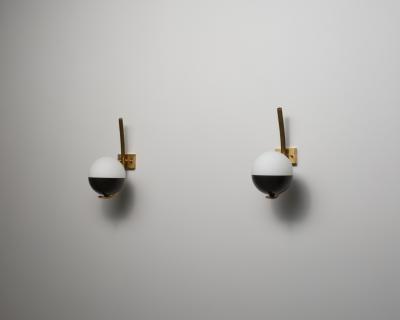 Pair of Italian Wall Sconces in Brass and Opaline Glass 1950s