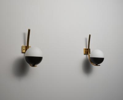 Pair of Italian Wall Sconces in Brass and Opaline Glass 1950s