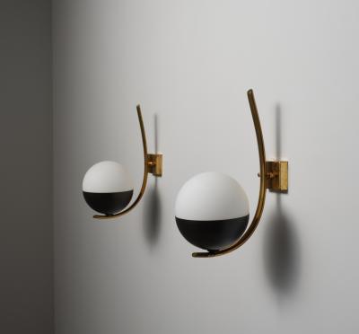 Pair of Italian Wall Sconces in Brass and Opaline Glass 1950s