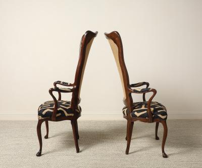 Pair of Italian Walnut High Back Armchairs Kuba Fabric circa 1950