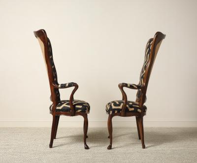 Pair of Italian Walnut High Back Armchairs Kuba Fabric circa 1950