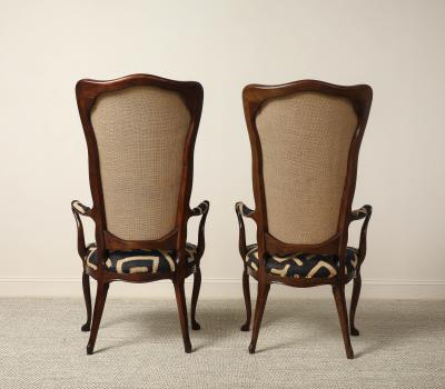 Pair of Italian Walnut High Back Armchairs Kuba Fabric circa 1950