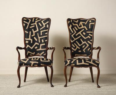 Pair of Italian Walnut High Back Armchairs Kuba Fabric circa 1950