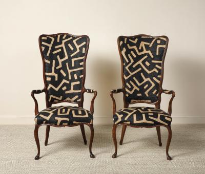 Pair of Italian Walnut High Back Armchairs Kuba Fabric circa 1950