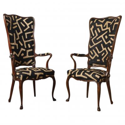 Pair of Italian Walnut High Back Armchairs Kuba Fabric circa 1950