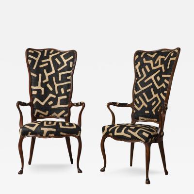 Pair of Italian Walnut High Back Armchairs Kuba Fabric circa 1950