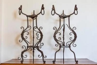 Pair of Italian Wrought Iron Plant Stands with Scrolling Motifs circa 1900