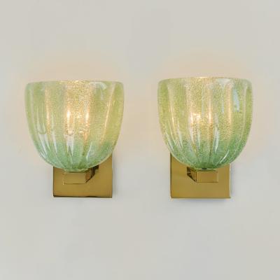 Pair of Italian brass ad Murano pale green bullicante wall lights