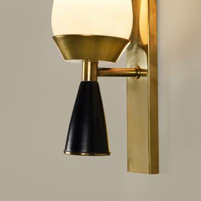Pair of Italian mid century Murano opaline glass and brass cone wall lights
