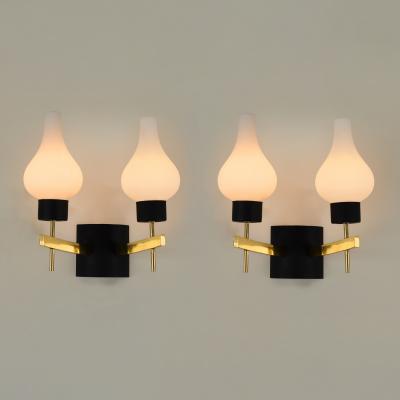 Pair of Italian mid century Murano opaline shaped glass and brass wall lights