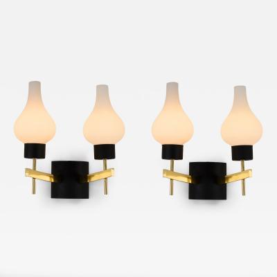 Pair of Italian mid century Murano opaline shaped glass and brass wall lights