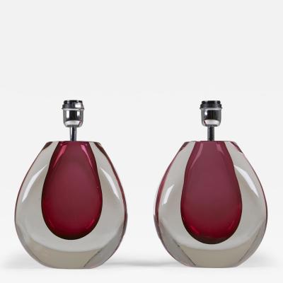 Pair of Italian mid century Murano raspberry glass lamps