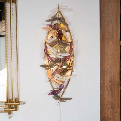 Pair of Ivory Rose Taupe and Coral Murano Glass Dragonfly Sconces Italy 2019