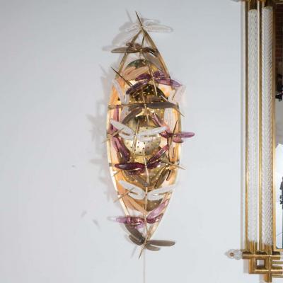 Pair of Ivory Rose Taupe and Coral Murano Glass Dragonfly Sconces Italy 2019