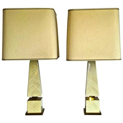 Pair of Ivory like Marquetry Obelisk Lamps with Gold Bronze Base