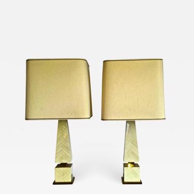 Pair of Ivory like Marquetry Obelisk Lamps with Gold Bronze Base