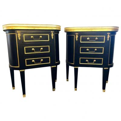 Pair of Jansen Inspired Marble Top Galleried Ebonized End Tables Nightstands