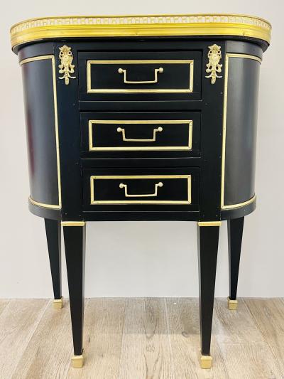 Pair of Jansen Inspired Marble Top Galleried Ebonized End Tables Nightstands