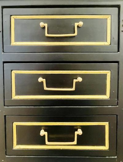 Pair of Jansen Inspired Marble Top Galleried Ebonized End Tables Nightstands