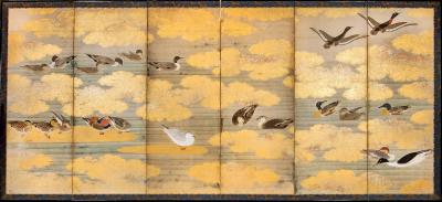 Pair of Japanese 6 Panel Screens Unusual and Rare Audubon Painting of Waterfowl