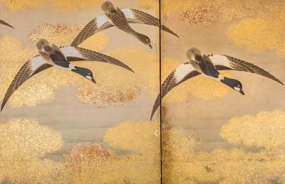 Pair of Japanese 6 Panel Screens Unusual and Rare Audubon Painting of Waterfowl