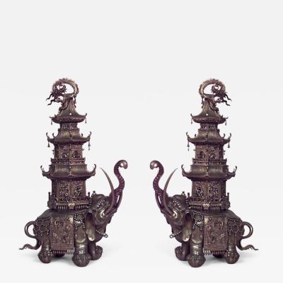 Pair of Japanese Bronze Elephant Pagoda Figures